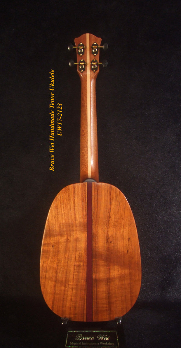 Handmade Tenor Ukulele, Solid Hawaiian Koa Pineapple Tenor Ukulele, Pineapple Soundhole, Soft-bag, Bruce Wei UW17-2123