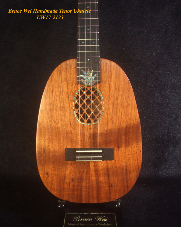Handmade Tenor Ukulele, Solid Hawaiian Koa Pineapple Tenor Ukulele, Pineapple Soundhole, Soft-bag, Bruce Wei UW17-2123