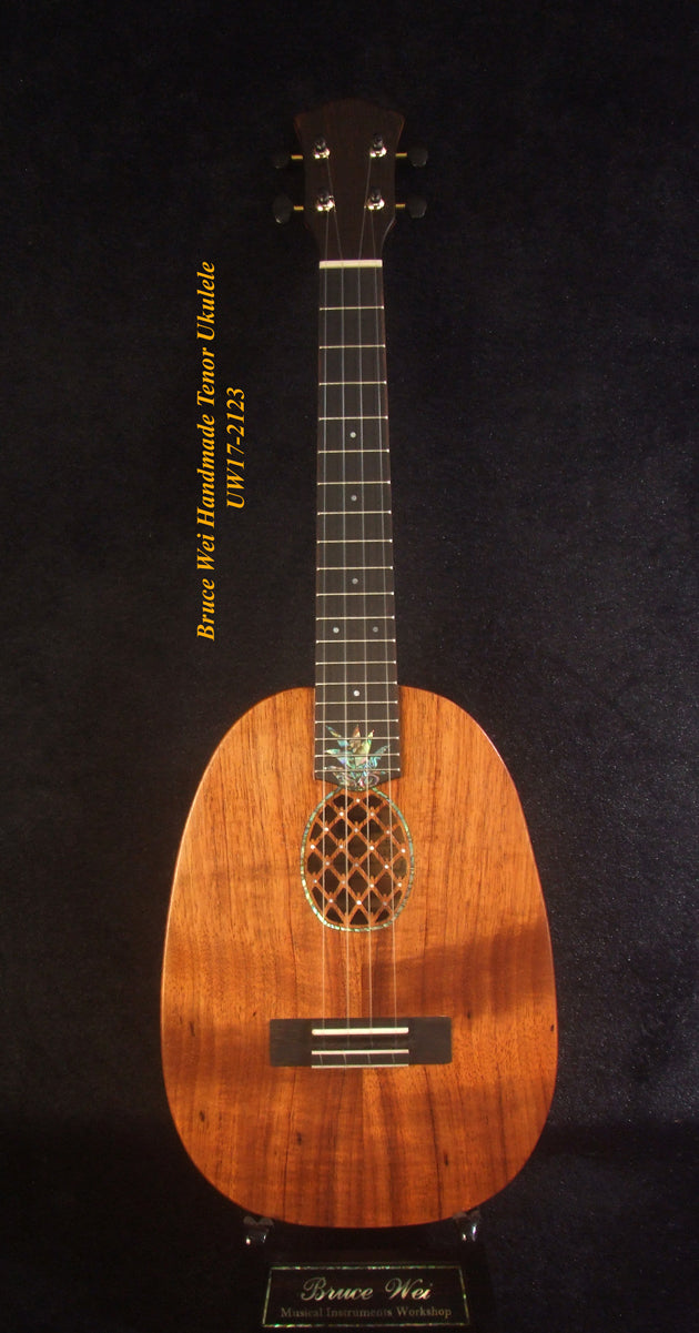 Handmade Tenor Ukulele, Solid Hawaiian Koa Pineapple Tenor Ukulele, Pineapple Soundhole, Soft-bag, Bruce Wei UW17-2123