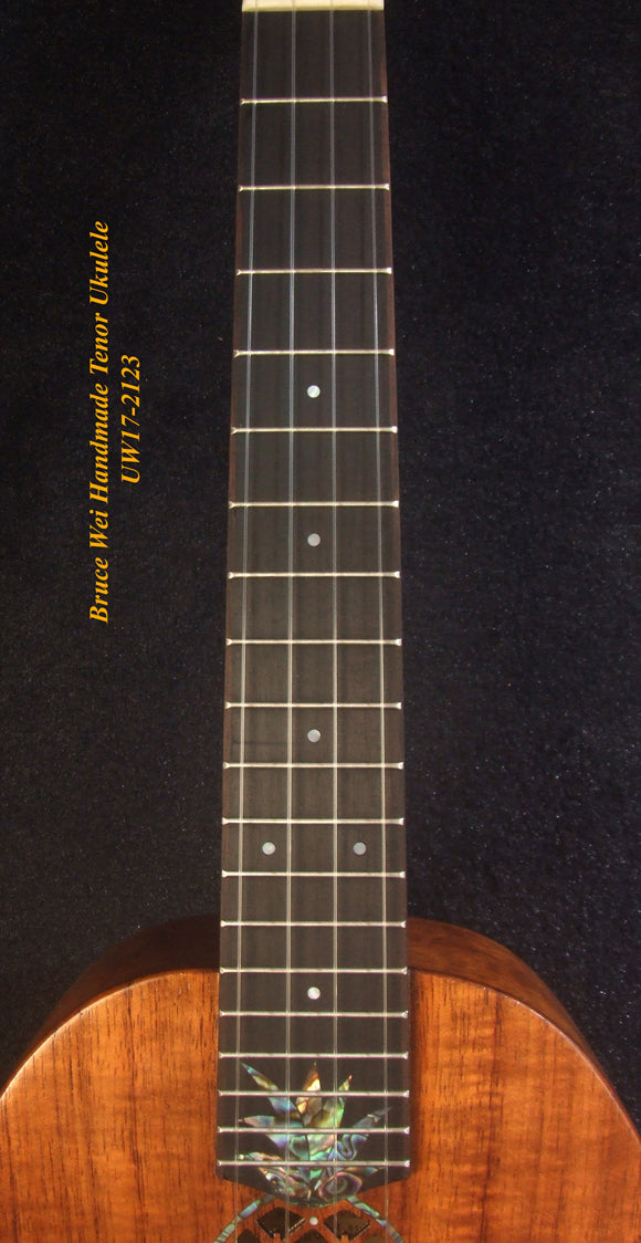 Handmade Tenor Ukulele, Solid Hawaiian Koa Pineapple Tenor Ukulele, Pineapple Soundhole, Soft-bag, Bruce Wei UW17-2123