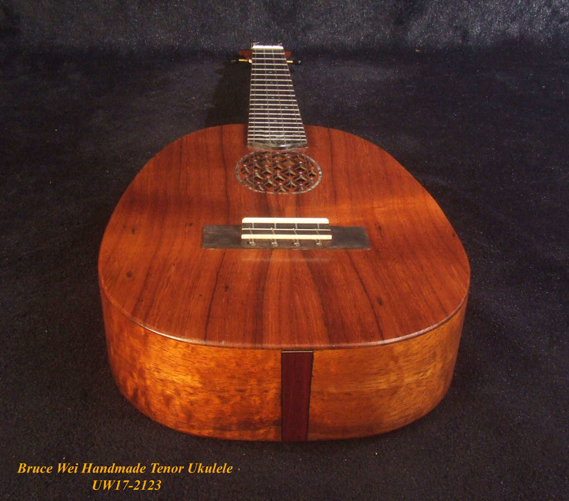 Handmade Tenor Ukulele, Solid Hawaiian Koa Pineapple Tenor Ukulele, Pineapple Soundhole, Soft-bag, Bruce Wei UW17-2123