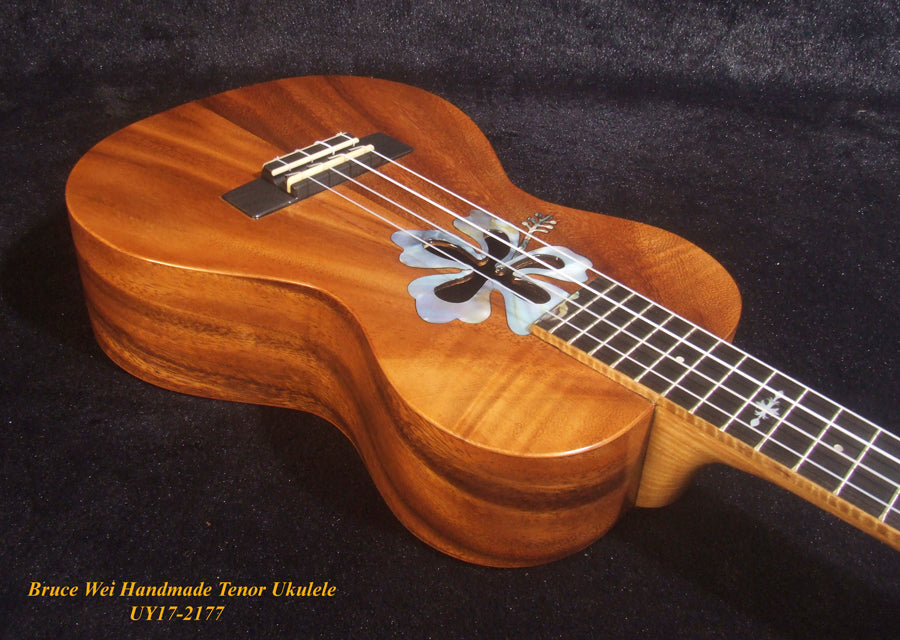 Handmade Tenor Ukulele, Solid Acacia, Hibiscus Soundhole, MOP Inlay, Soft-bag, Bruce Wei UY17-2177