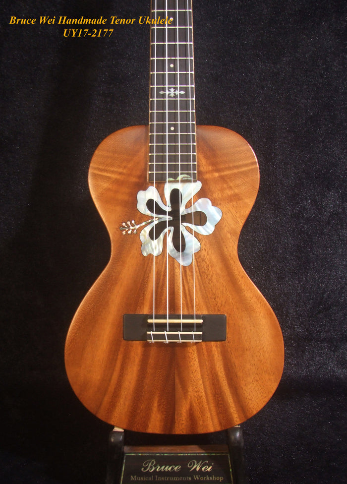 Handmade Tenor Ukulele, Solid Acacia, Hibiscus Soundhole, MOP Inlay, Soft-bag, Bruce Wei UY17-2177
