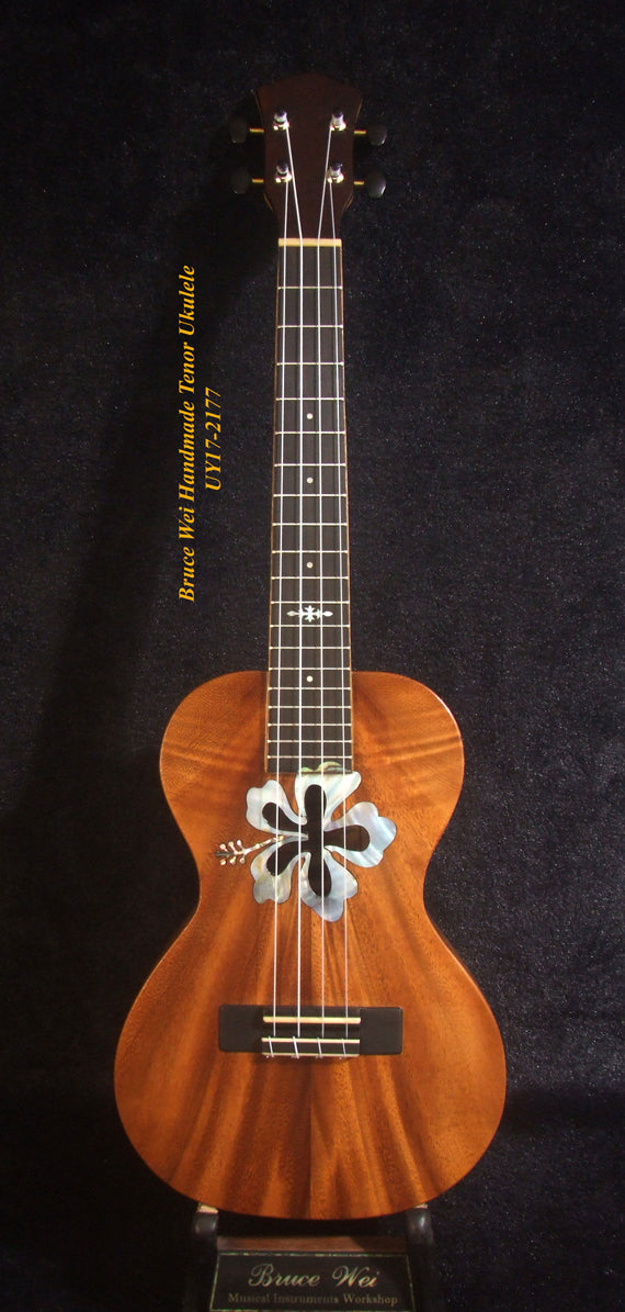 Handmade Tenor Ukulele, Solid Acacia, Hibiscus Soundhole, MOP Inlay, Soft-bag, Bruce Wei UY17-2177