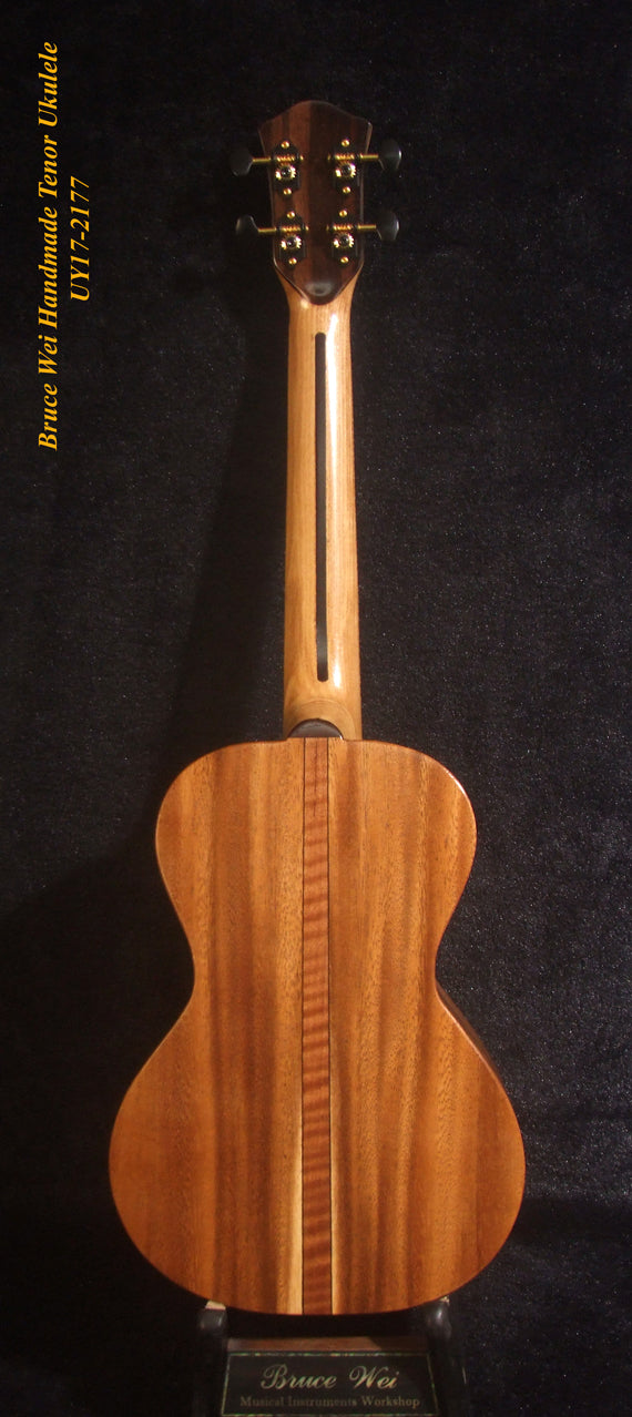 Handmade Tenor Ukulele, Solid Acacia, Hibiscus Soundhole, MOP Inlay, Soft-bag, Bruce Wei UY17-2177